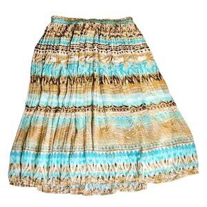 ALFRED DUNNER Brown Blue White Pleated Pull On Long Maxi Skirt Womens Size 18